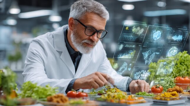 Scientist in lab surrounded by data on emissions and food waste, highlighting food system change as climate solution
