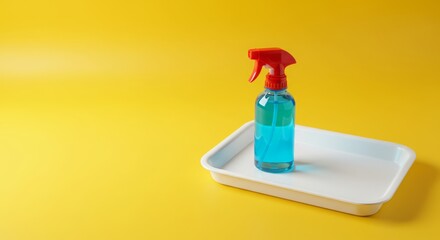 Blue Spray Bottle with Red Nozzle on White Tray Against Yellow Background