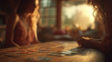 A woman spreads metaphorical cards across the table, caught in a sacred gesture of intuitive flow and emotional-spiritual clarity.