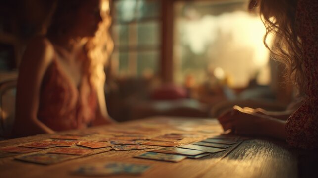 A woman spreads metaphorical cards across the table, caught in a sacred gesture of intuitive flow and emotional-spiritual clarity.