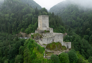 Historical Zilkale (Zil Kale) Castle located in Camlıhemsin, Rize and Kackar Mountains in the background