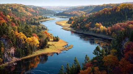 Panoramic view of a meandering river flowing through a valley, showcasing vibrant autumn foliage in shades of red, orange, yellow, and green on the hillsides; calm water reflecting the colors
