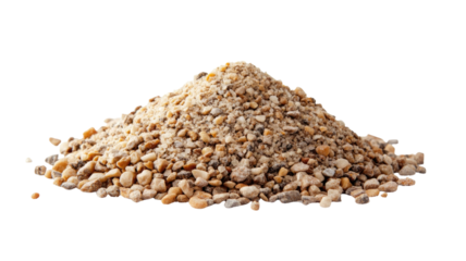 Scattered sand pile with small pebbles and textured granules spread naturally, isolated on white background
