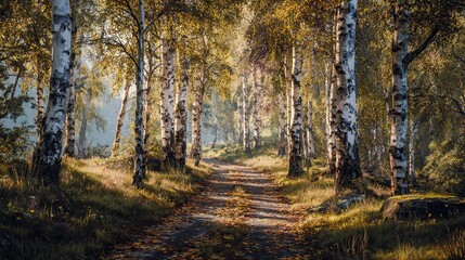 Sunlit path winds through a birch forest in autumn; golden leaves carpet the ground, dappled sunlight filters through the slender, white-barked trees, creating a serene, magical atmosphere