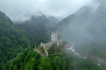 Historical Zilkale (Zil Kale) Castle located in Camlıhemsin, Rize and Kackar Mountains in the background