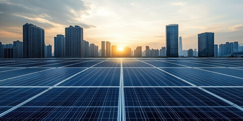 Solar panels on rooftop with city skyline in background during sunset, showcasing renewable energy in urban environment. scene highlights sustainability and modern architecture