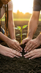 Planting Young Trees Together in the Ground at Sunrise