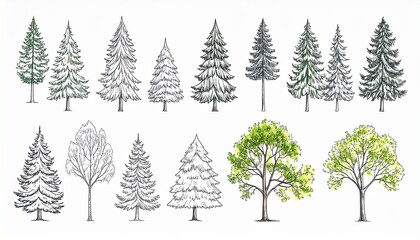 Obraz premium Collection of trees. Coniferous and deciduous forest plants. Hand drawn ink sketches