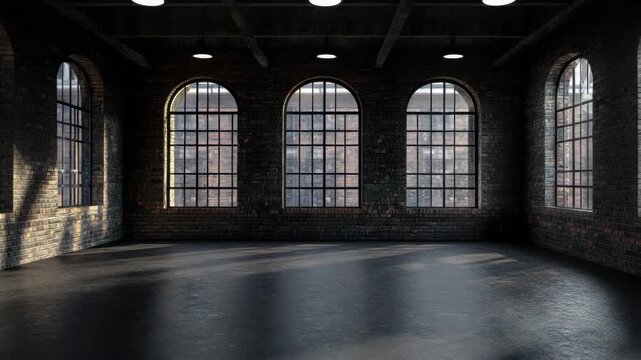 Spacious moody industrial loft interior featuring large arched windows, exposed brick wall, and dark concrete floor creating atmospheric architecture with empty open space and raw design elements