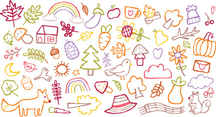 Hand drawn fall season doodles. Including leaves, animals, food, trees, a rainbow, and cozy seasonal