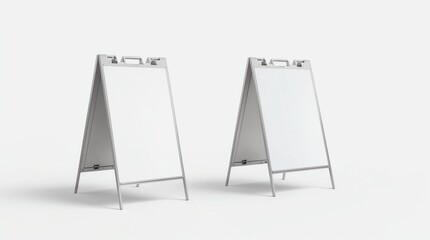 Blank white metallic outdoor stand mockup set, isolated, front and side view, 3d rendering. Clear street signage board mock up. A-board with metal frame template.