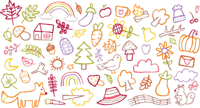 Hand drawn fall season doodles. Including leaves, animals, food, trees, a rainbow, and cozy seasonal