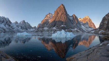 Glacial fjord reflecting mountains in arctic light.