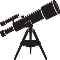 A black and white illustration of a telescope with tripod stand against a white background space