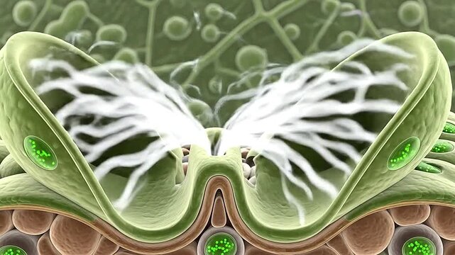 Macro animation of stomata opening and closing during photosynthesis with vapor movement
