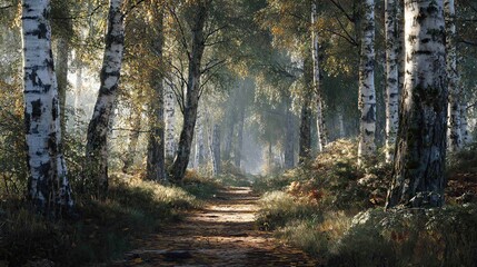 Fototapeta premium Sunlit path winds through a misty birch forest, dappled light illuminating the autumnal foliage and slender white trunks. The scene is serene and evokes a sense of mystery