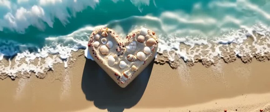 A heart made of shells on a beach. The shells are scattered around the heart, creating a beautiful and unique design. Concept of peace and tranquility, as the shells are arranged in a natural