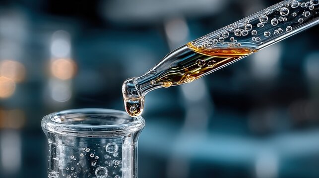 Amber liquid drips from pipette into flask in lab setting