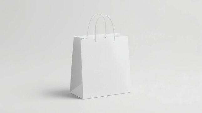 Blank white paper bag with silk handle mockup, isolated, 3d rendering. Beautiful craft plastic package mock up. Empty gift carry pack template. Shopping packet mock-up