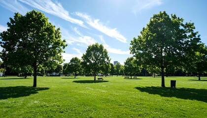 Lush Green Park with Benches Under a Sunny Sky