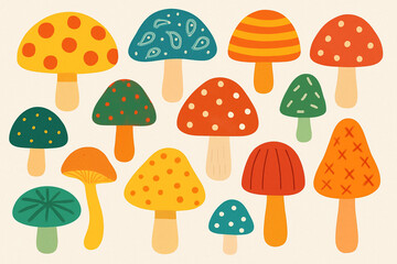 きのこ　カラフル　色々な柄　トップビュー　フラットベクターイラスト