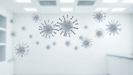 Fototapeta premium Virus Outbreak and Public Health: A 3D Illustration of Microscopic Viruses Floating in the Air of a Hospital or Laboratory Room, Symbolizing Contagion, Disease Spread, and Medical Research