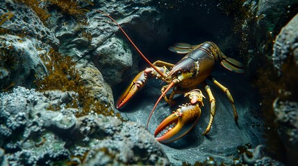 A photo of a lobster in a crevice