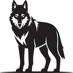 Illustration of a black wolf standing alert on a white background in a simple graphic style