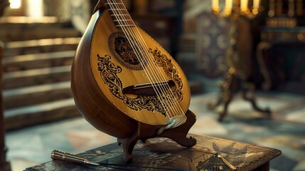 A photo of a lute on a stand