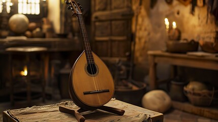 A photo of a lute on a stand