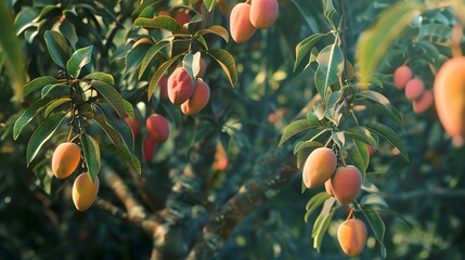 A photo of a mango tree with hanging mangoes.