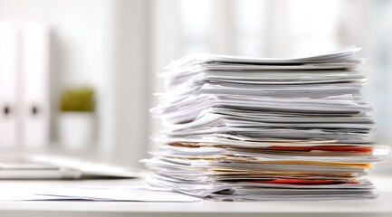 High stack of papers on a white desk. Blurry office background