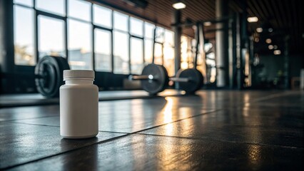White pill bottle sits on gym floor in front of blurred barbells and windows