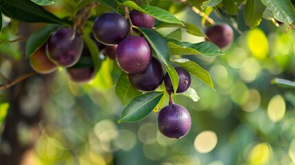A photo of a mango steen tree with purple mango