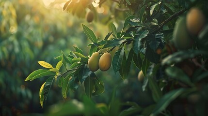 A photo of a mango tree with hanging mangoes.