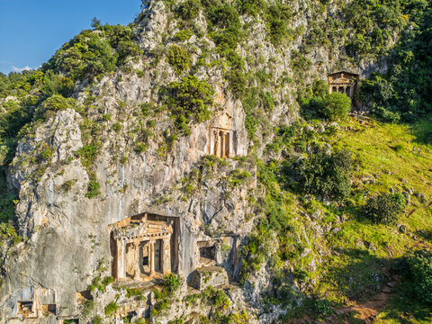 The Tombs of Telmessos Ancient City drone view in Fethiye Town of Turkey