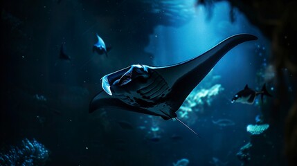 A photo of a manta ray at night
