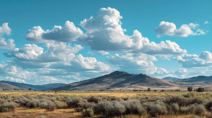 Vast, sunlit landscape with puffy clouds and low mountains