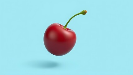3D Render of a Single, Ripe Red Cherry with a Green Stem, Floating Against a Solid Pastel Blue Background, Symbolizing Freshness, Healthy Eating, and Minimalism in Food Photography