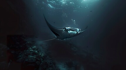 A photo of a manta ray at night