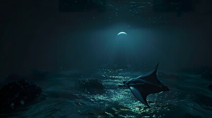 A photo of a manta ray at night
