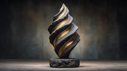 Polished bronze spiral pattern with dynamic shadows between grooves, set against a textured metallic slate base