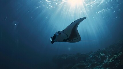 A photo of a manta ray gliding