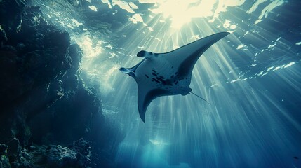 A photo of a manta ray gliding