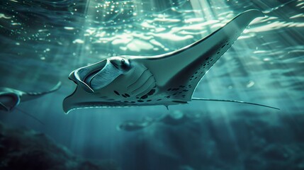 A photo of a manta ray with remoras