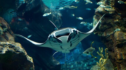A photo of a manta ray with remoras