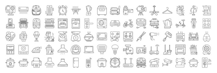 Detailed line art illustration showcasing a diverse collection of household appliances and electronic gadgets