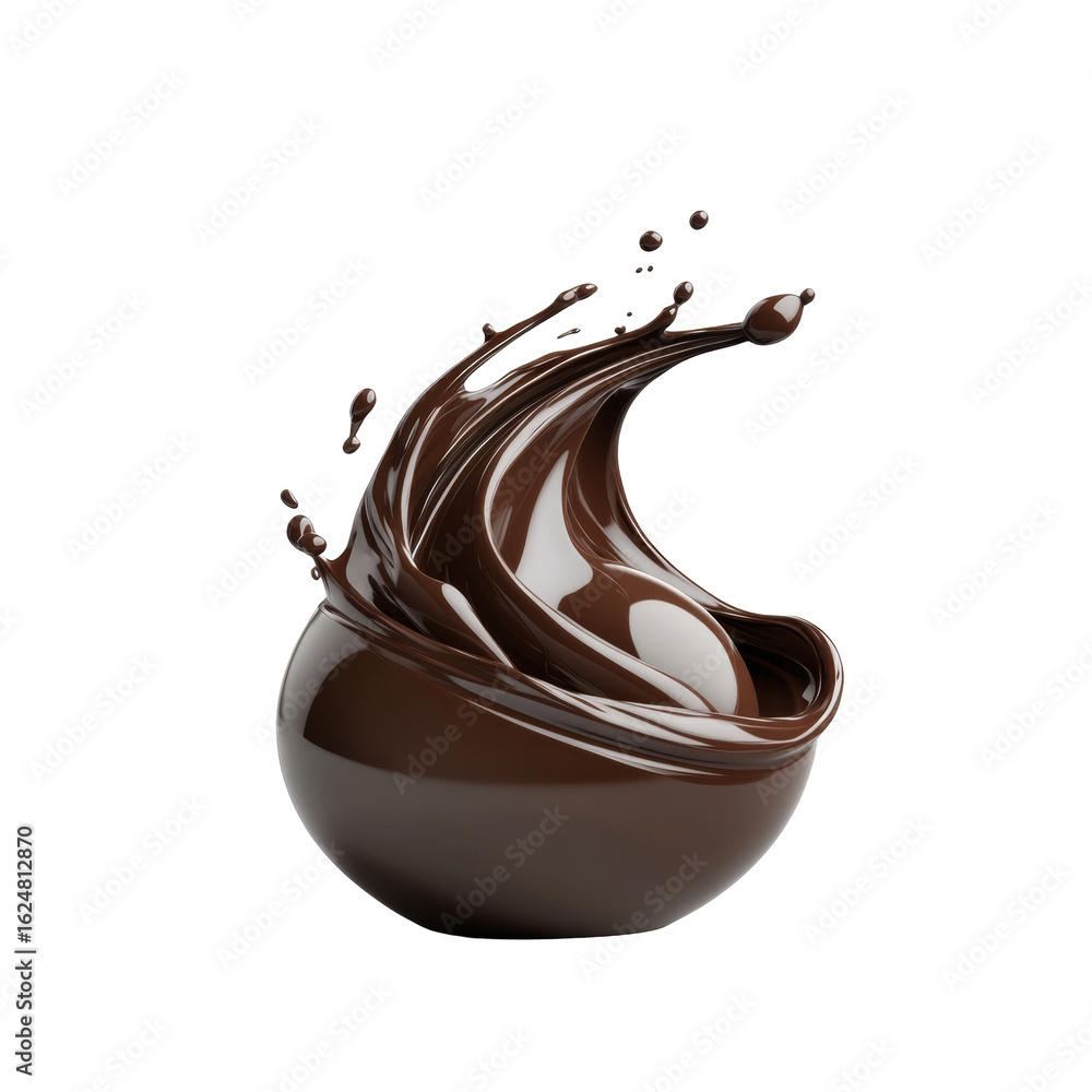 Poster chocolate splash in motion captured with smooth and reflective surface for artistic effect