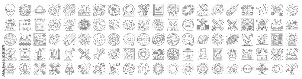 Aufkleber collection of linear space icons representing a vast array of space exploration concepts