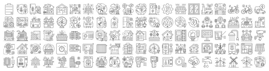 Collection of line art icons representing ecological energy sustainability and green energy
